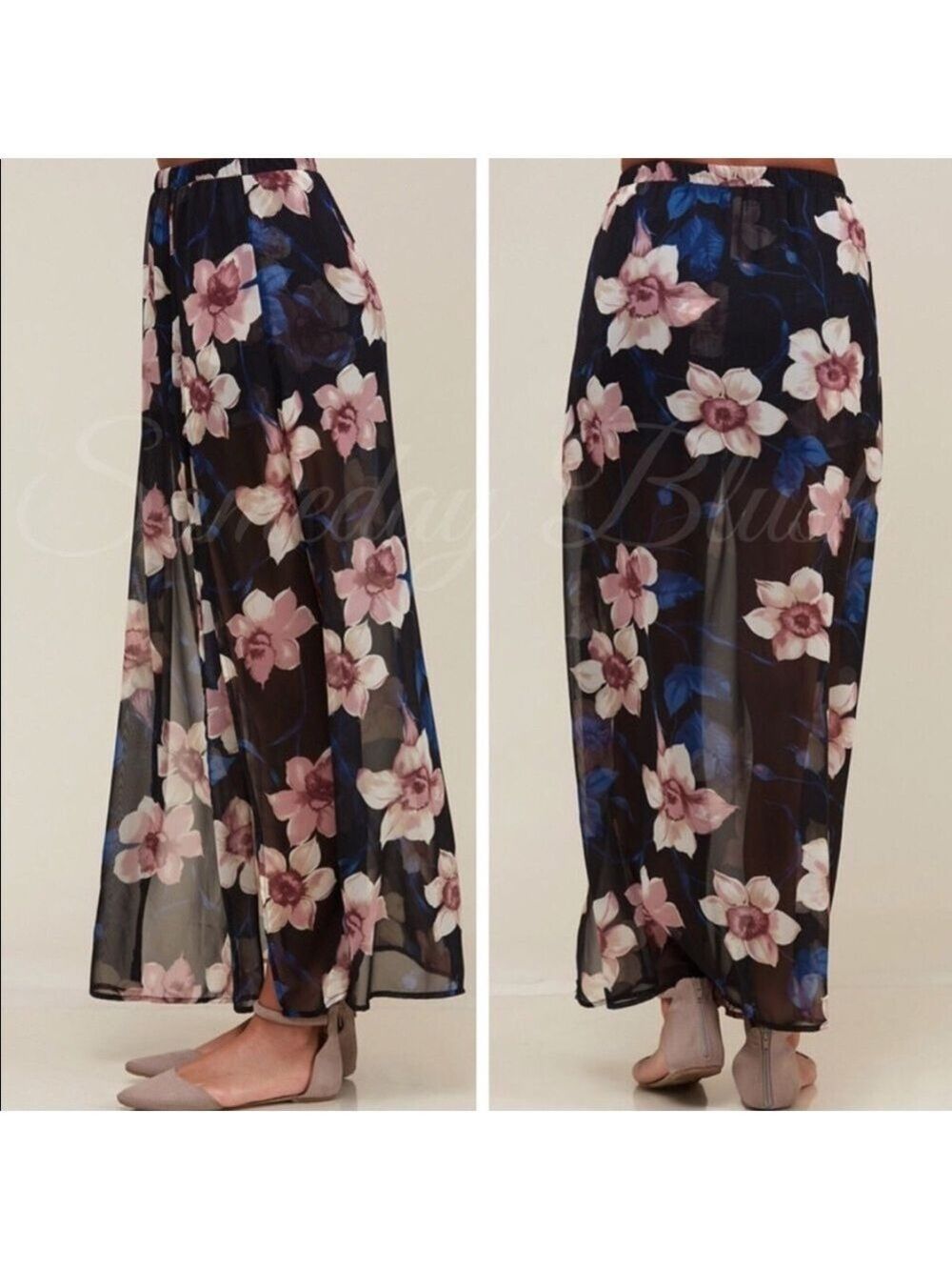 Floral Sheer Black Maxi Skirt with Side Slit - Picture 3 of 7